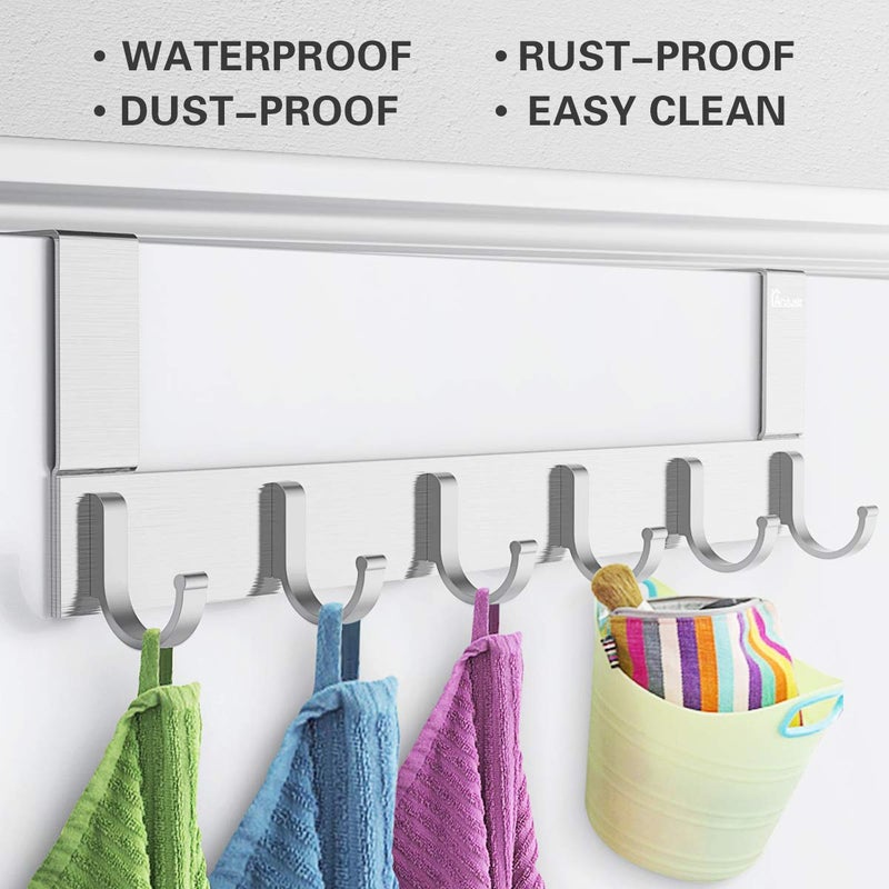 Anjuer Door Hooks Hanger Rack, Aluminum Utility Organizer Holder for Kithchen Bathroom, 6 Hooks Over The Door Hanger Silver - Image 2